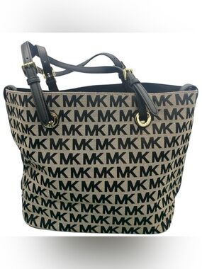 MICHAEL KORS Jet Set Signature Bag Tote Tan/Black Jacquard & Leather